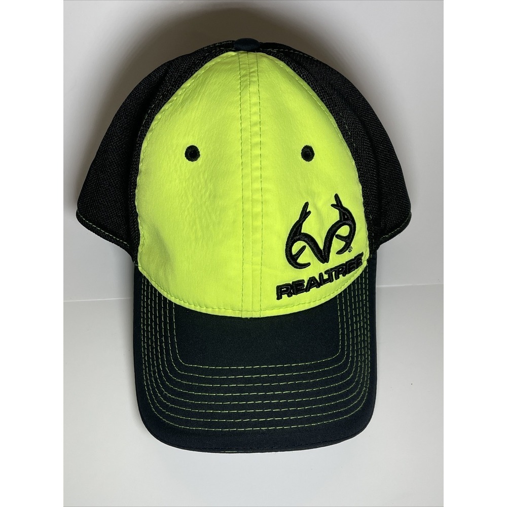 Realtree Mens Trucker Hat Neon Yellow Black Mesh Back Snapback Logo Cap